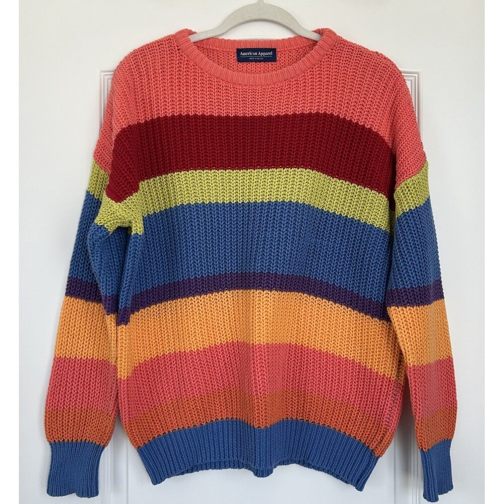 American Apparel Fisherman Womens Sweater Sz L Striped Colorblock USA Chunky